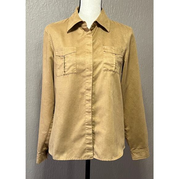 Liz Claiborne Women's Faux Suede Shirt Button Up Brown Light Academia Medium - Picture 1 of 13